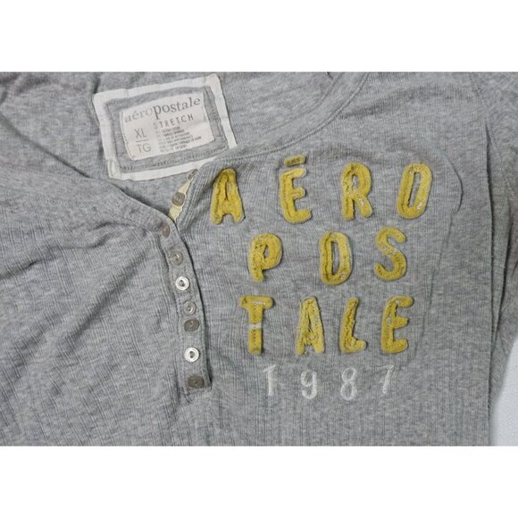 Aeropostale Women’s LS Henley Thermal Top Gray Size XL Stretch 1987 Graphic Y2K - Picture 3 of 6